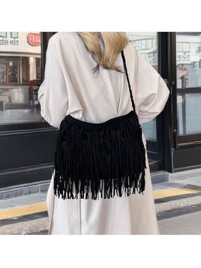 Fringe Crossbody Shoulder Bag - Black